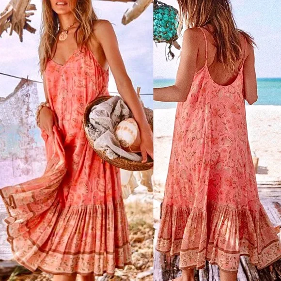 Spell | Dresses | 2xhp Nwot Spell The Gypsy Seashell Strappy Midi Dress  Coral | Poshmark